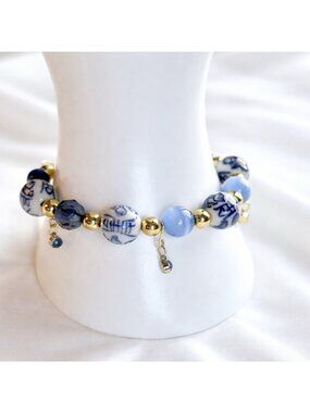 REIMAGINED Blue White Porcelain Style Beaded Memory Wire Bracelet